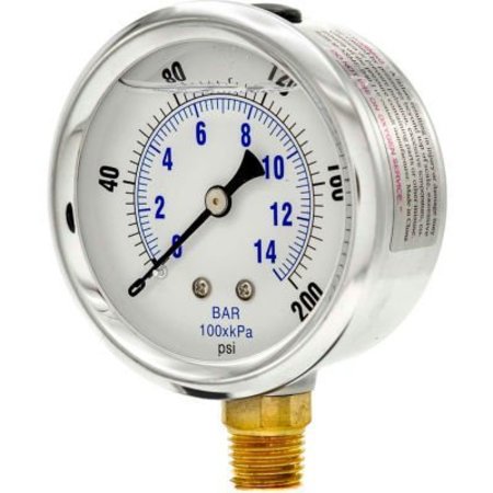 ENGINEERED SPECIALTY PRODUCTS, INC Pic Gauges 2-1/2" Vacuum Gauge, Liquid Filled, 200 PSI, Stainless Case, Lower Mount, PRO-201L-254G PRO-201L-254G